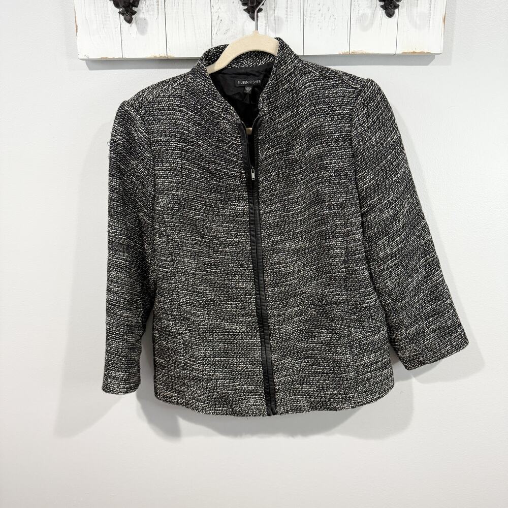 Eileen Fisher Tweed Collarless Jacket Linen Blend Leather Trim M EUC